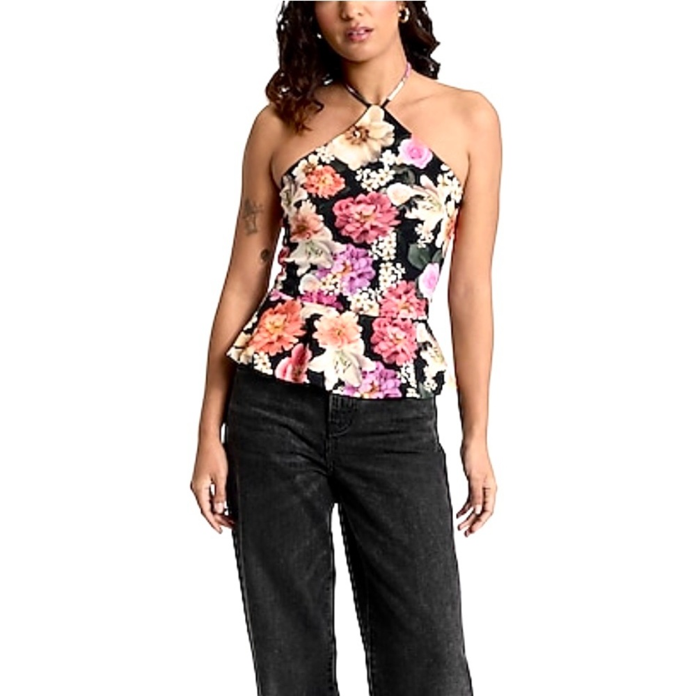 Floral Halter Neck Top - Black and Pink